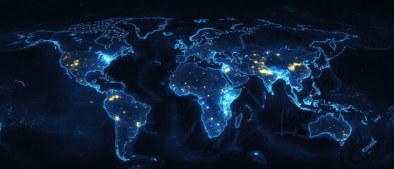 A vibrant blue glowing power grid is overlaid on a detailed map of Earth, capturing the essence of energy and global connectivity.
