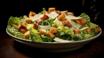 A photo of a classic Caesar salad with croutons.