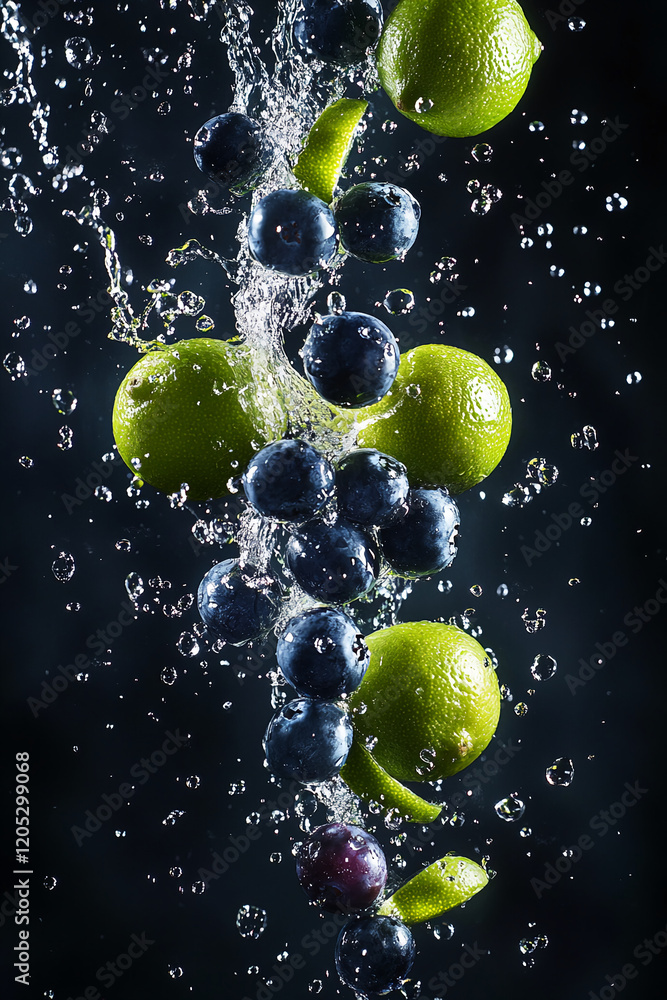 Poster fresh blueberries and limes splash together in a dark setting capturing dynamic fruit motion