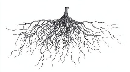 Botanical Illustration of Intricately Drawn Sprouted Seed with Delicate Root System on White Background