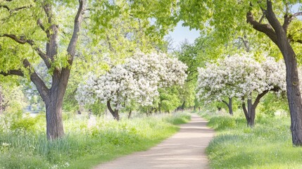 Fototapeta premium Whimsical path through forest carpeted with delicate wildflowers scenic