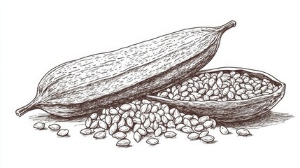 Delicate Hand-Drawn Sesame Seeds and Pod - Artistic Line Art with Texture on White Background