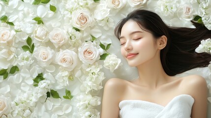 Obraz premium Serene portrait of woman with long hair surrounded by delicate white flowers enjoying peaceful moment