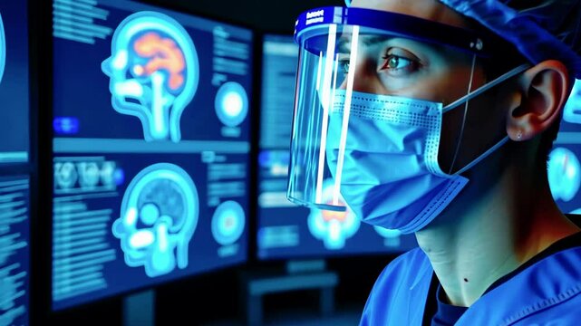 A healthcare professional analyzes brain scans on multiple screens in a clinical setting.