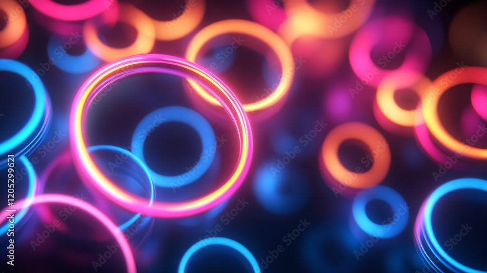 Aufkleber randomly placed neon circles with soft glow effects on a deep black background