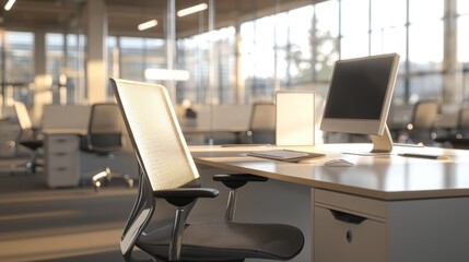 Modern Office Space: Sunlit Workspace with Empty Desk and Chair