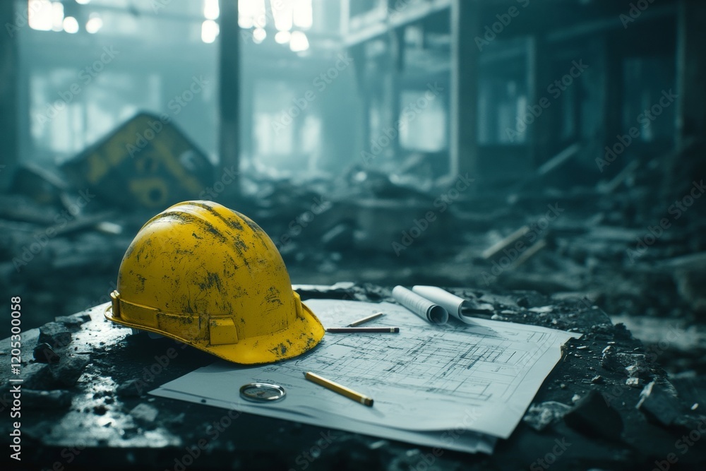 Poster close up of a yellow hard hat and blueprints on a construction site table with dark background
