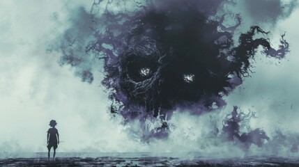 Fototapeta premium Young girl stands in front of a large, scary monster