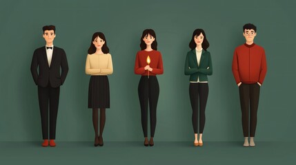 Obraz premium Five stylized characters stand against a green background, each with distinct attire and poses.