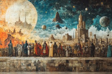 Historical Timeline Mural   Illustrations capturing pivotal moments in history, from ancient civilizations to modern achievements, displayed in a continuous and engaging timeline.