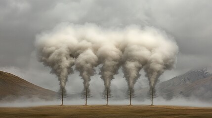 Five trees emitting clouds of smoke against a dramatic landscape backdrop.