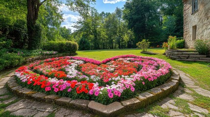 Multicolored petunias form a large heart-shaped installation at the picturesque Pakruojis Manor in Lithuania, Europe.