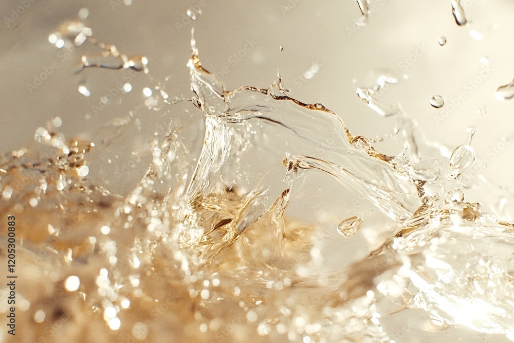 Poster golden water splashing into a crown shape, creating a mesmerizing display as droplets scatter and sp