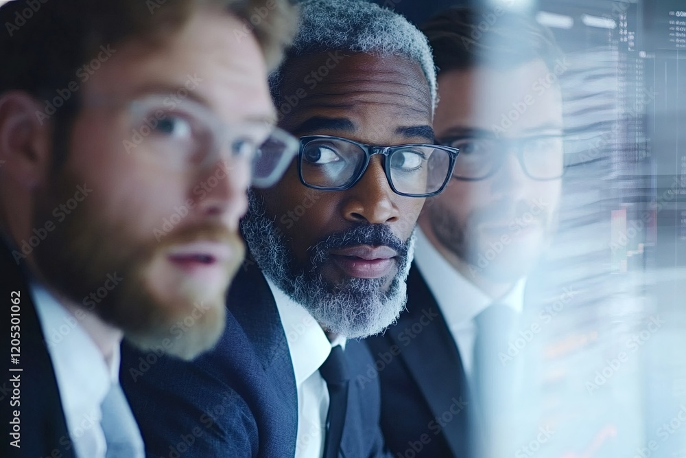 Poster Three businessmen in suits and eyeglasses intently examining a computer screen, analyzing important data and information in a modern office setting, showcasing teamwork and concentration
