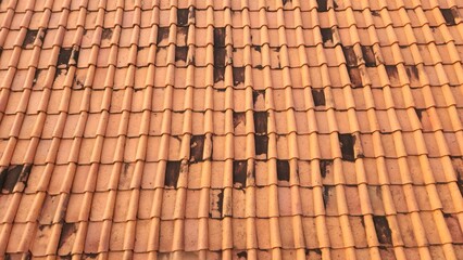 The orange roof of the house is partly covered in moss
