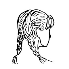 three quarter girl head with two braids, back view - hand drawn sketch line art