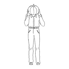 full length man holding pumpkin at head level - hand drawn sketch line art