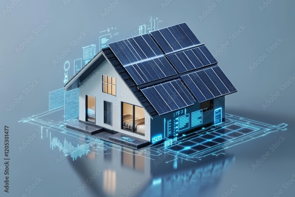 Poster double exposure of a smart home with solar panels and data visualization on a grey background