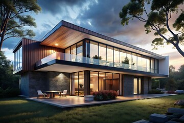 modern house in the morning Modern Luxury, Modern Minimalist Family Villa, 3d rendering of modern house With Swimming Pool And Garden