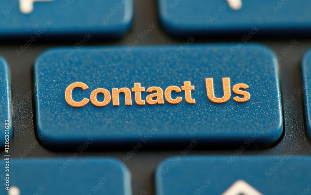 Poster close up of blue keypad button with contact us text, inviting interaction