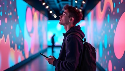 Portrait of Caucasian Man Using Smartphone in Metaverse With Animated Stream Of Interfaces With Social Media, e-Commerce Shopping, Internet Influencers And Games. Visualization Of Web Network.