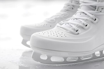 Close-up view of white ice skates with tightly tied laces, resting on a sparkling frozen surface, poised for an exciting skating session in the winter chill