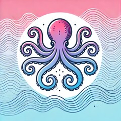 An illustration of an octopus centered on a pastel background with soft ocean waves