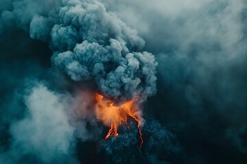 Aerial view of an erupting volcano, spewing lava and a large plume of smoke and ash into the atmosphere, creating a dramatic and powerful scene of natural force