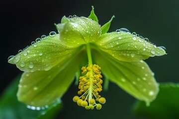 Fototapeta premium Green flower covered in dew drops showing its stamen