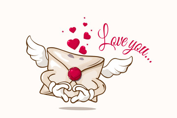 Valentine's Day card with envelope with wings in a fun groovy style, with hearts
