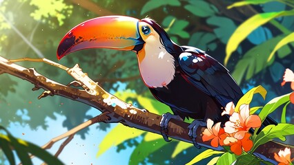 Toucan perched among tropical foliage in cartoon anime style