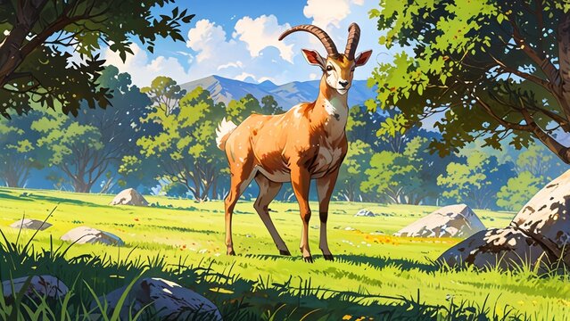 Sunny fields with cartoon anime urial standing gracefully 