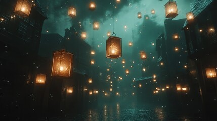 Enchanting night scene of floating lanterns over a misty medieval town street.