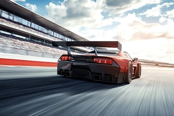 Red race car speeding down the track on a bright, sunny day, creating a dynamic motion blur, showcasing the thrill of competition and the excitement of motorsport racing
