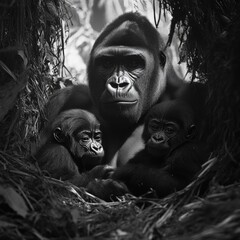Three gorillas an adult and two juveniles the mother gorilla stands protectively in the center with her young ones flanking her their expressions mirroring the depth of their familial bond 
