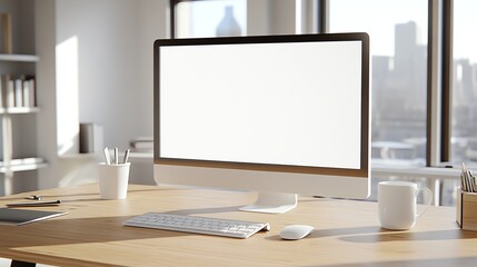 Modern office desk with computer monitor, keyboard, and minimalistic design, bathed in natural light from large windows overlooking the city.