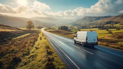 Obraz premium Van driving scenic road, mountain backdrop, delivery
