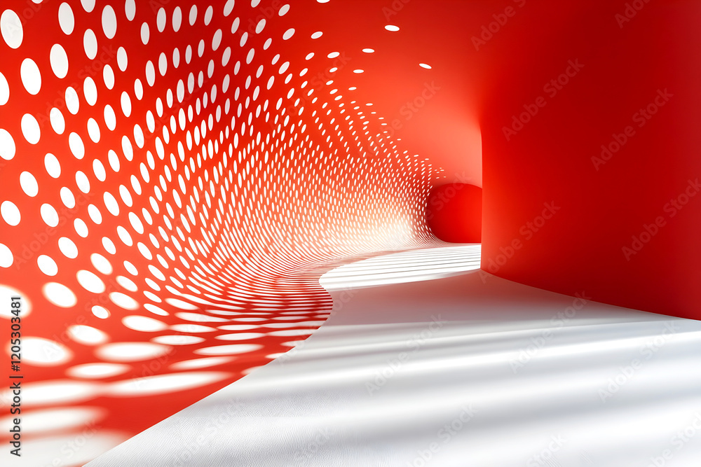 Poster abstract red tunnel with curved walls covered in white polka dots, illuminated by dynamic natural li