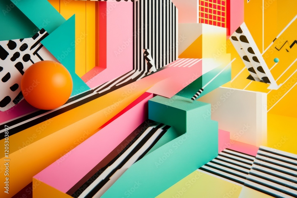 Poster dynamic abstract composition of geometric shapes and vibrant colors creating depth and energy