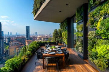 Obraz premium Luxury penthouse terrace overlooking milan with vertical garden and outdoor dining table