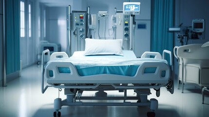 Fototapeta premium A photo of a hospital bed with side rails.
