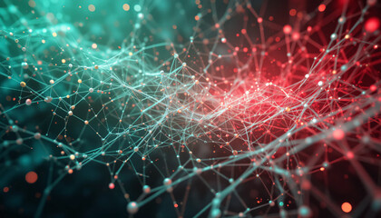 Digital wavy lines and glowing particles in shades of red and green, create a sense of movement and energy.