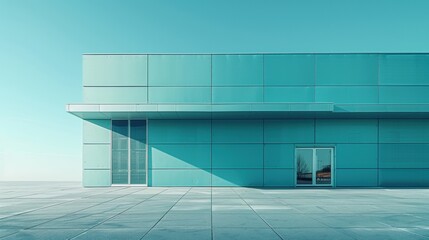 Large blue building with a window on the side