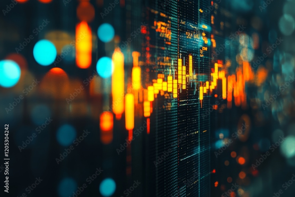 Poster close up of a digital financial chart in a modern setting with glowing candlestick patterns