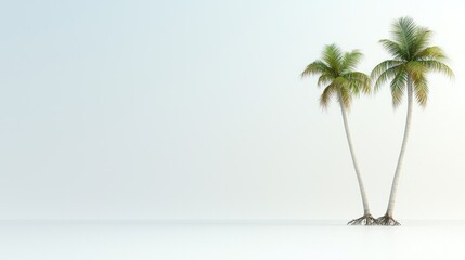 Fototapeta premium Two palm trees standing in calm water against a soft, light background.