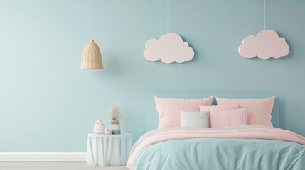 Soft pastel bedroom with cloud decor, blending gentle hues of pink and blue with cloud-shaped accents and a clean, minimalist design