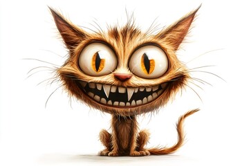 Fototapeta premium Crazy cartoon cat showing teeth and big eyes sitting on white background