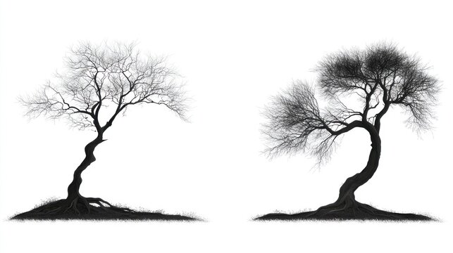 Two stylized trees with intricate branches and roots, contrasting shapes and forms.