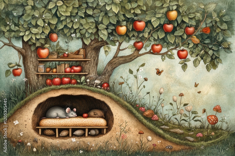 Poster cozy mouse burrow nestled under an apple tree with lush foliage and delightful details in a whimsica