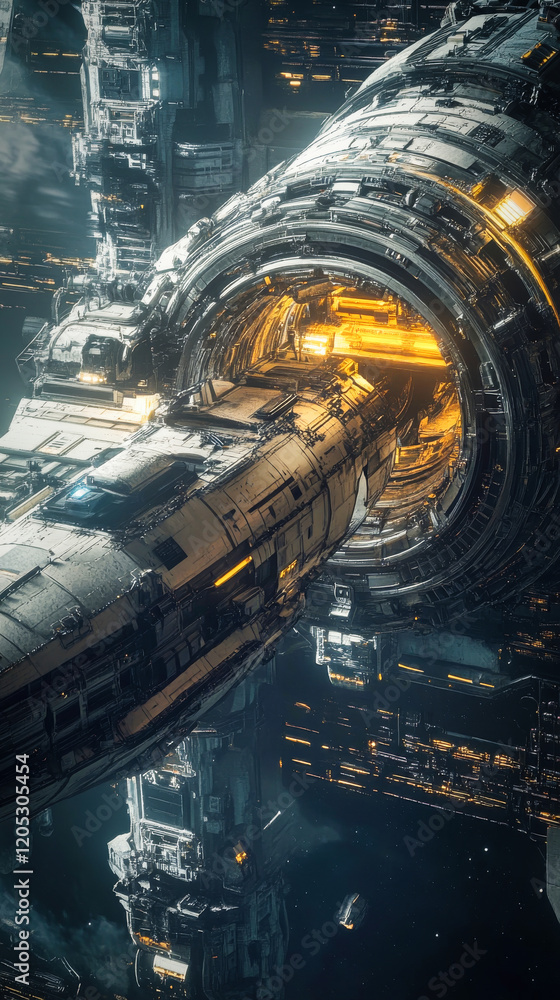 Poster an intricately designed and technologically advanced spaceship, closeup